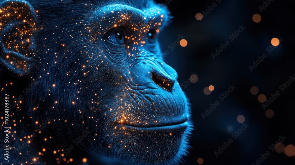 Close-up portrait of a chimpanzee's face with glowing lights on its fur. Close-up portrait of a chimpanzee's face with glowing lights on its fur.