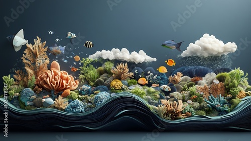 Intricate paper cut ocean scene with layered waves, fish, and coral, creating depth and detail, paper cut ocean, intricate marine decor photo