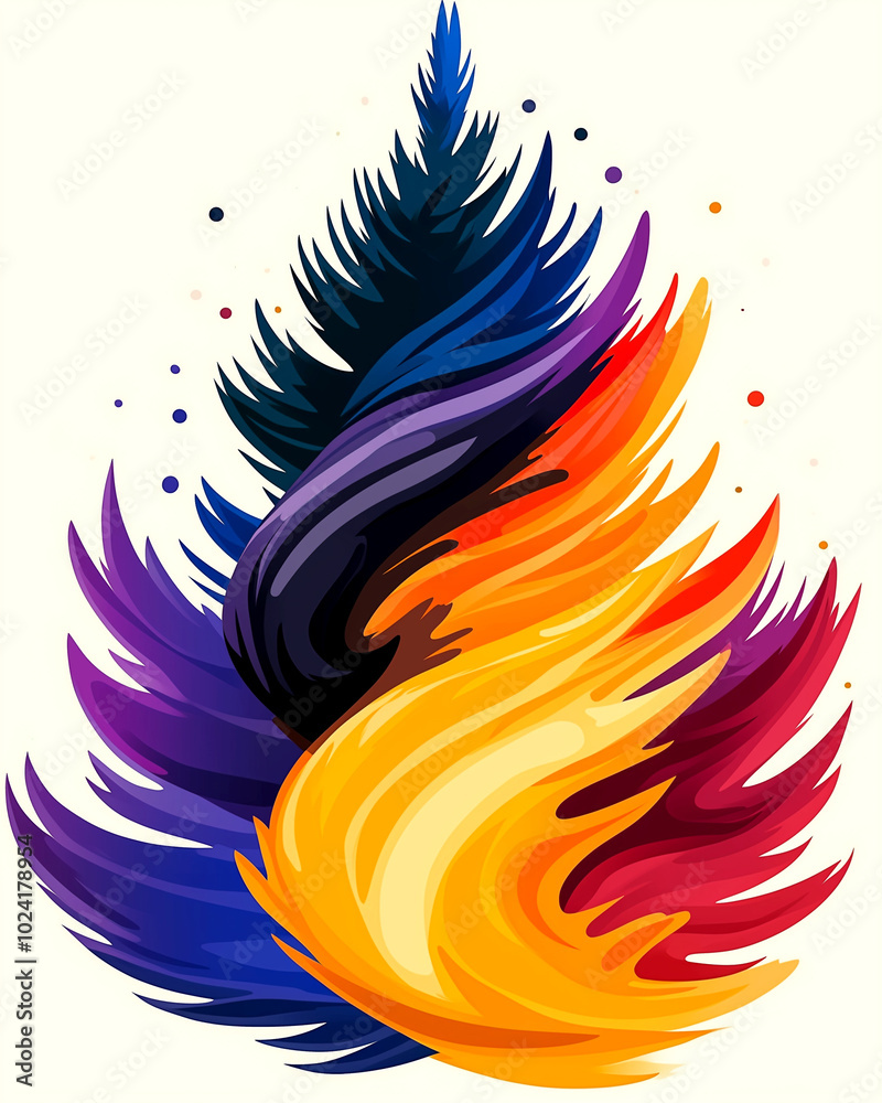 A colorful tree with purple, blue, and yellow leaves. The tree is twisted and has a fiery look to it A colorful tree with purple, blue, and yellow leaves. The tree is twisted and has a fiery look to it