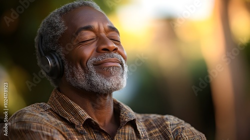 Senior man with Bluetooth headphones, eyes closed, smiling in relaxation, natural light highlighting his peaceful expression in a close-up shot