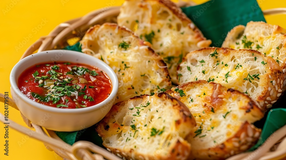 A basket of cheesy garlic bread with marinara on yellow background A basket of cheesy garlic bread with marinara on yellow background