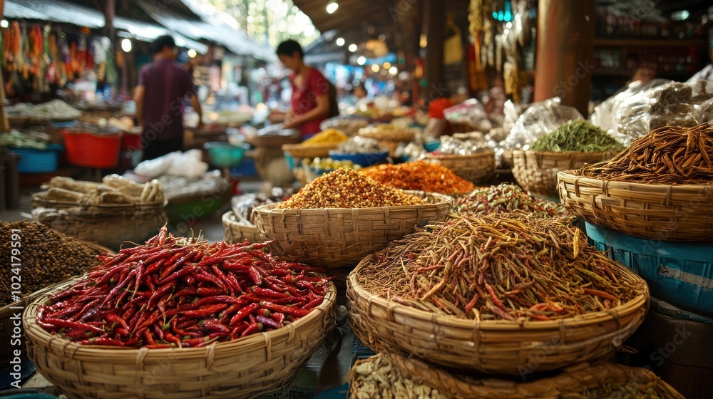 Fototapeta premium A bustling spice market in Asia, with tables covered in baskets of dried chili peppers, lemongrass, and fragrant herbs, as shoppers browse the vibrant selection