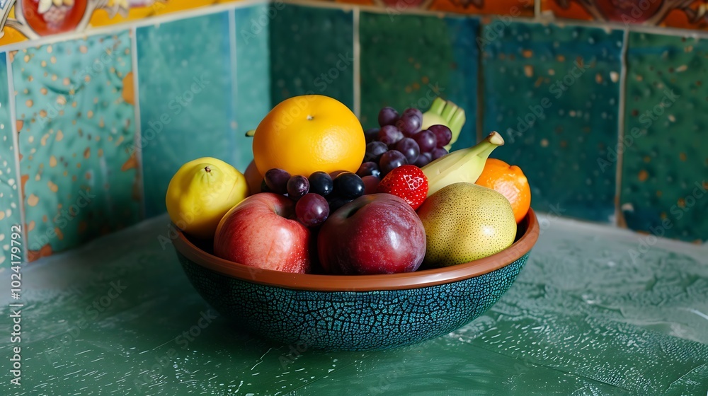 A bowl of assorted tropical fruits on a green countertop A bowl of assorted tropical fruits on a green countertop