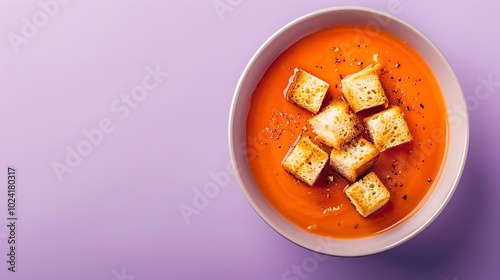 A bowl of creamy tomato bisque with croutons on purple background