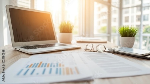 Wallpaper Mural Modern workspace with laptop, documents, glasses, and potted plants. Natural light. Torontodigital.ca