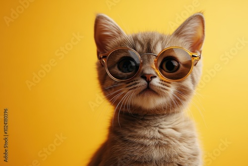 Cute beige cat wearing sunglasses with a cheerful expression in a cozy setting