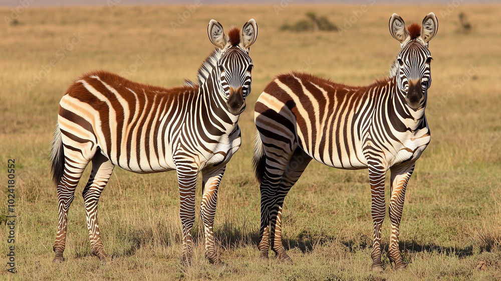 Two Standing Zebras in Golden Grassland