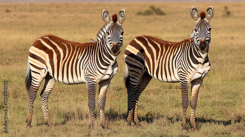 Two Standing Zebras in Golden Grassland