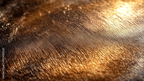 Close-up of a brushed bronze steel sheet, fine metallic streaks across a smooth surface, warm bronze tones with soft lighting enhancing texture