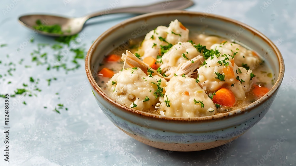 A bowl of savory chicken and dumplings on light blue background A bowl of savory chicken and dumplings on light blue background