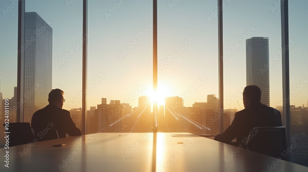 Silhouettes of two business professionals observing sunrise from office window. Silhouettes of two business professionals observing sunrise from office window.