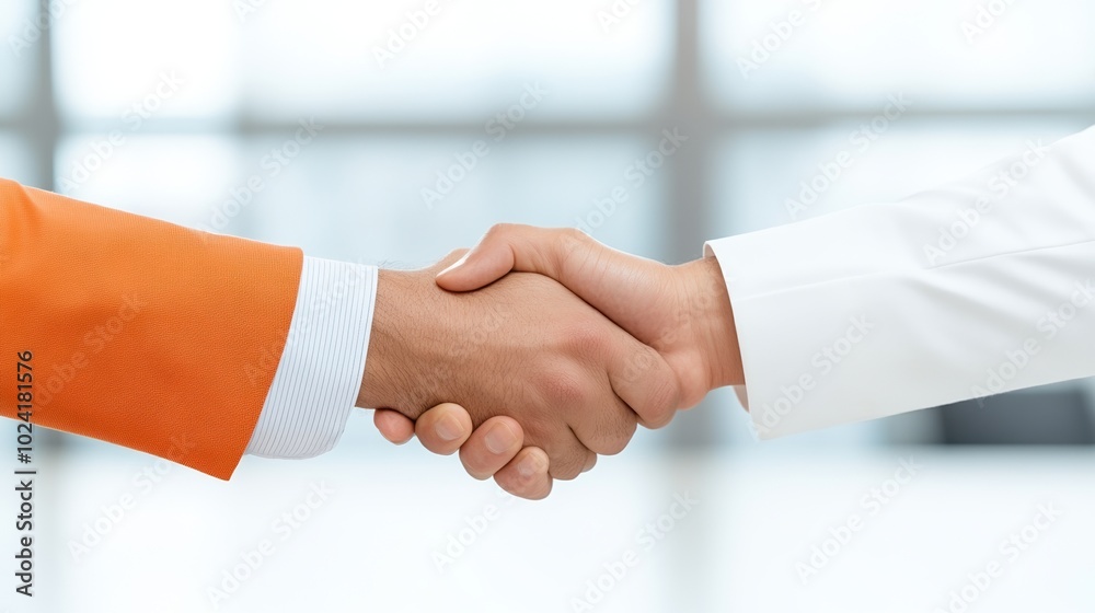 Two business people shaking hands in agreement in a bright office setting. Two business people shaking hands in agreement in a bright office setting.