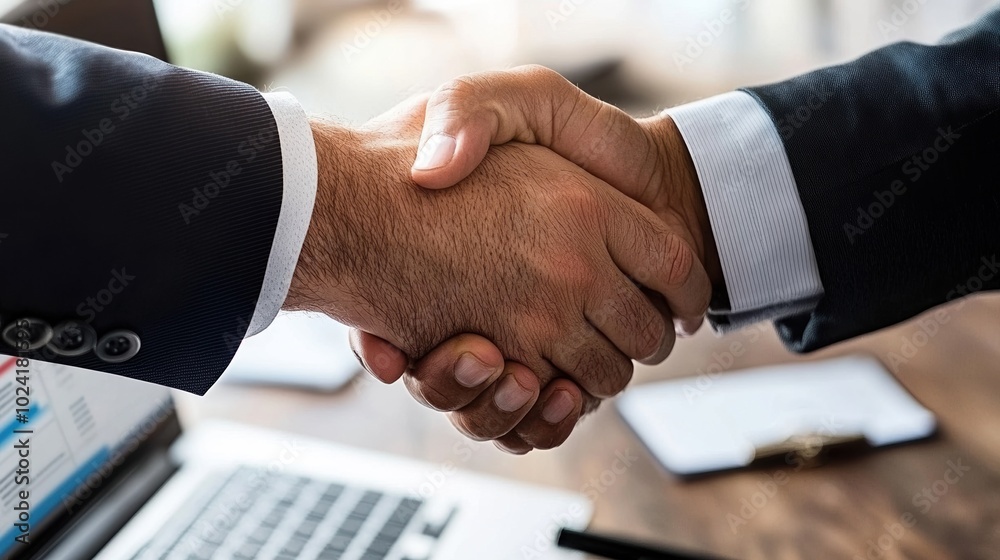 Two business professionals shaking hands in a formal agreement. Two business professionals shaking hands in a formal agreement.