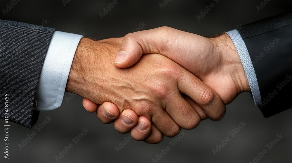 Obraz premium Two hands shaking in a professional agreement, dark background.