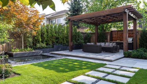 Backyard retreat styled with a modern pergola and meticulous landscape design.