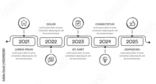 Hand drawn timeline template with five stages, doodle infographics, vector eps10 illustration