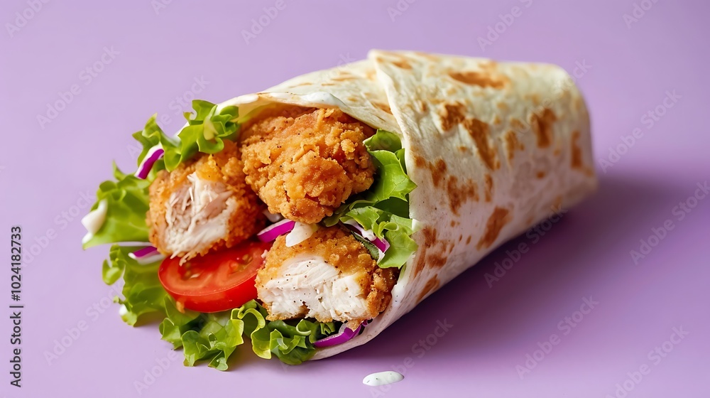 A crispy chicken wrap with lettuce and ranch on purple background A crispy chicken wrap with lettuce and ranch on purple background
