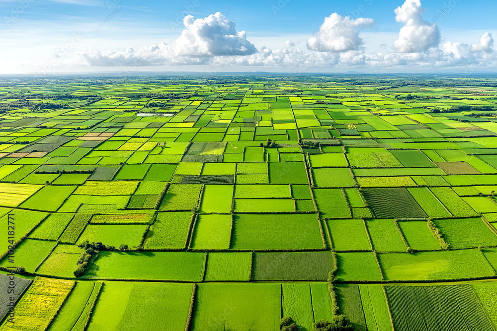 Fototapeta premium A vast, open field filled with a variety of green grass patches. The field stretches across the entire scene, showcasing the abundance of grass in the area
