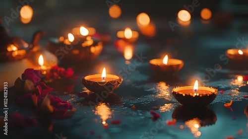 Diwali diyas and candles seen from the back