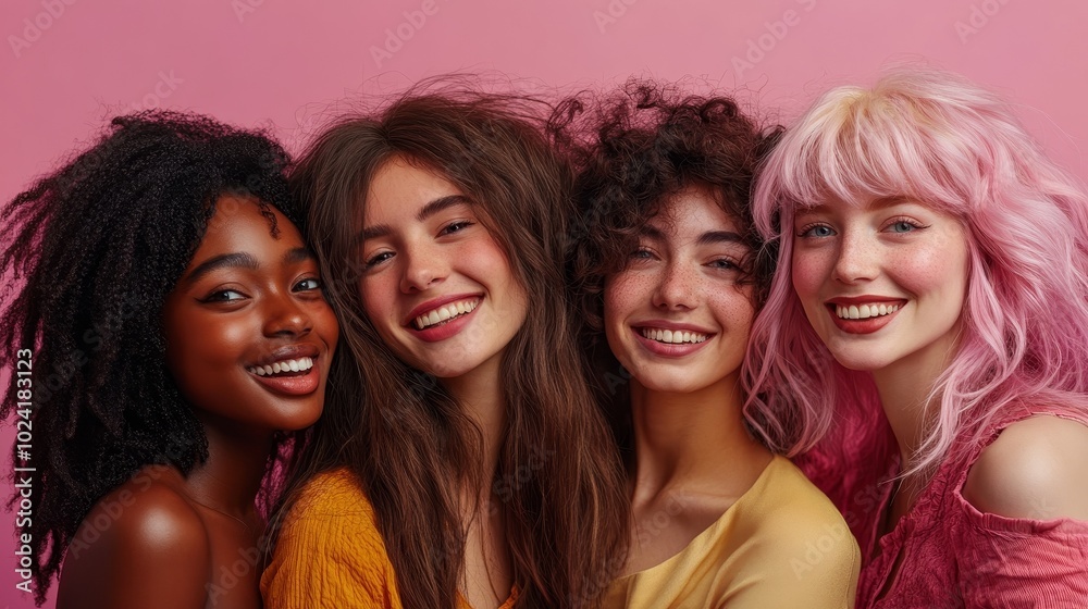 Obraz premium A Joyful Gathering of Diverse Women With Vibrant Hairstyles Against a Pink Backdrop Celebrating Beauty