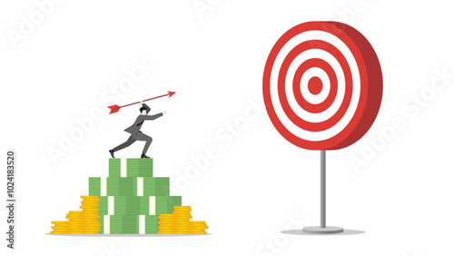 A businessman stands on money stack, aiming and throwing an arrow to a business target. Focus, determination in achieving success and corporate goals. Business ambition and strategic planning concept