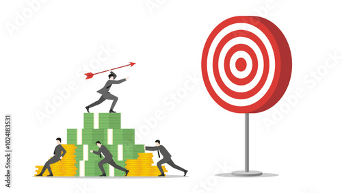 A businessman stands on money stack, aiming and throwing an arrow to a business target. Teamwork support, determination in achieving success and corporate goals. Business ambition and strategic plan