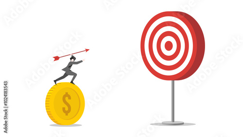 A businessman stands on dollar coin, aiming and throwing an arrow to a business target. Focus, determination in achieving success and corporate goals. Business ambition and strategic planning concept