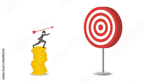A businessman stands on coins stack, aiming and throwing an arrow to a business target. Focus, determination in achieving success and corporate goals. Business ambition and strategic planning concept