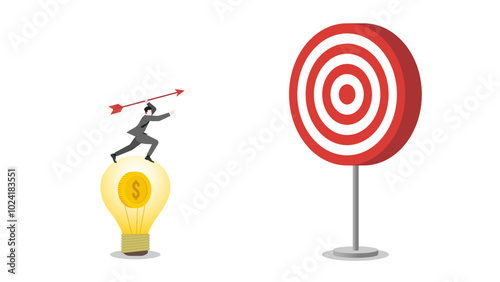 A businessman stands on a money coin lightbulb, aiming and throwing an arrow to a business target. Focus, determination in achieving success and corporate goals. Business ambition and strategic plan