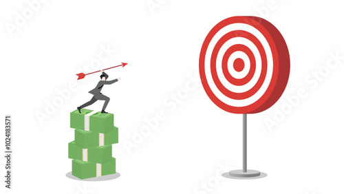 A businessman stands on banknotes stack, aiming and throwing an arrow to a business target. Focus, determination in achieving success and corporate goals. Business ambition and strategic plan concept