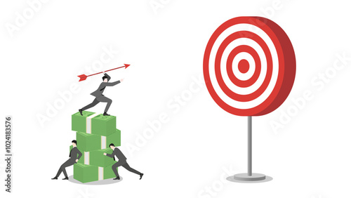 A businessman stands on banknotes stack, aiming and throwing an arrow to business target. Teamwork support, determination in achieve success and corporate goals. Business ambition and strategic plan