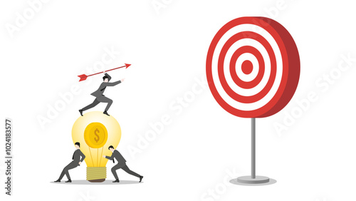 A businessman stands on a money coin lightbulb, aiming and throwing an arrow to a business target. Teamwork support, determination in success and corporate goals. Business ambition and strategic plan