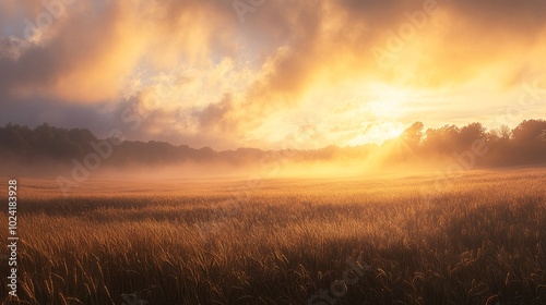 2410_006.golden hour landscape photography, backlit wheat field at dawn, dramatic cloudscape, sun rays piercing through clouds, warm amber tones, silhouetted grass blades, rural pastoral scene,