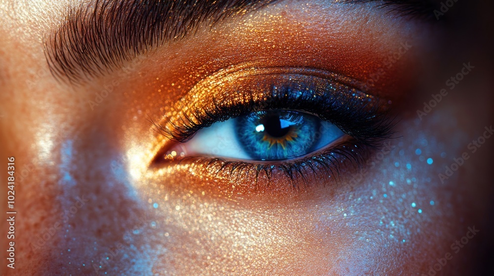 Close-up of a woman's blue eye with golden eyeshadow and glitter. Close-up of a woman's blue eye with golden eyeshadow and glitter.