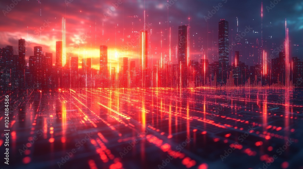 Fototapeta premium Futuristic cityscape with glowing lines and red sunset.