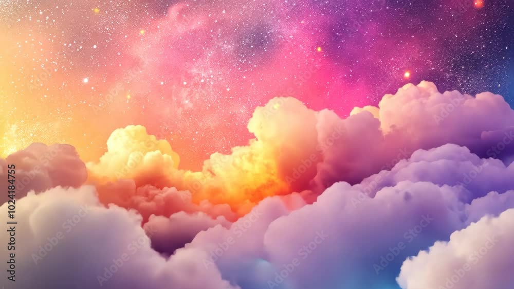 A beautiful sunset sky with fluffy clouds and a sparkling galaxy above