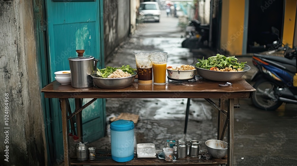 Street Food Stall with Bowls of Food and Drinks on a Table Street Food Stall with Bowls of Food and Drinks on a Table