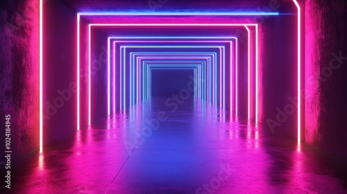 A vibrant neon-lit corridor with pink and blue lights creating a futuristic atmosphere.