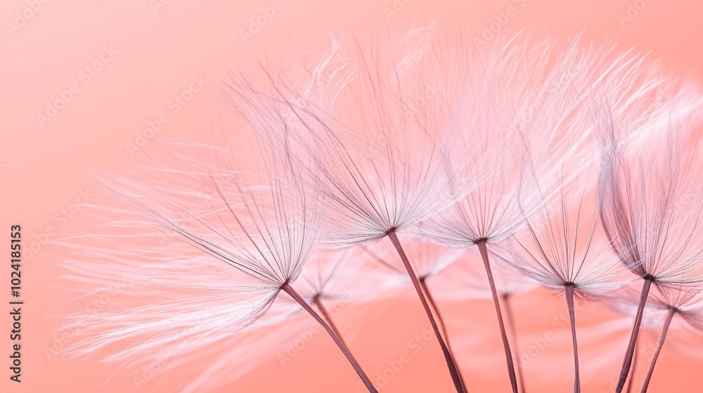 Obraz premium 2410_029.macro lens view of dandelion clock, feathery seed filaments, bokeh forest effect, dusky pink sky, high contrast lighting, monochromatic color scheme, zen-like calmness, artistic nature