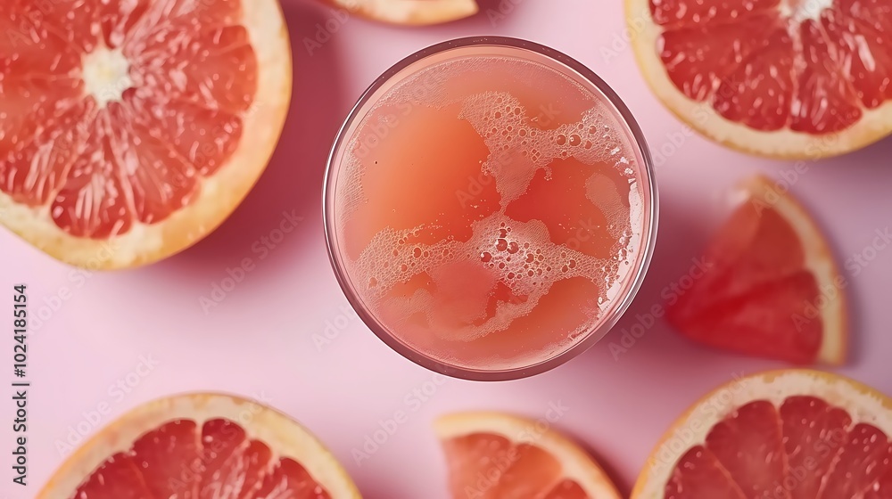 A glass of fresh squeezed grapefruit juice on pink background A glass of fresh squeezed grapefruit juice on pink background