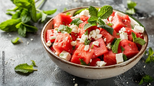A fresh watermelon and feta salad with mint on grey background