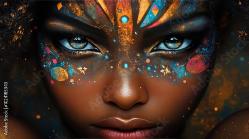 a beautiful Afro woman featuring a face painted with cosmic motifs, adorned with elaborate and intricate embellishments. artwork embodies a contemporary style, highlighted by a dramatic backlighting