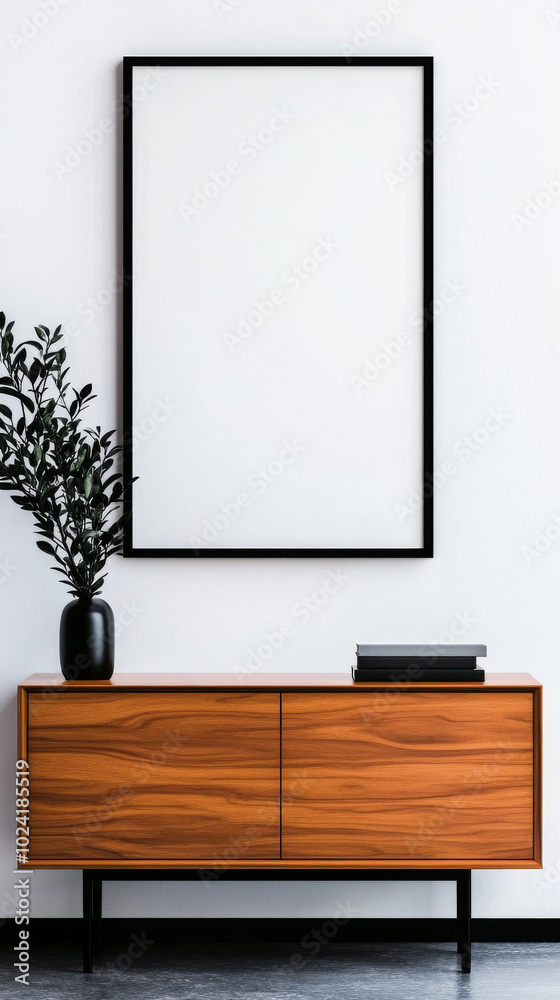 A large empty picture frame hangs above a wooden cabinet with a plant beside it. A large empty picture frame hangs above a wooden cabinet with a plant beside it.