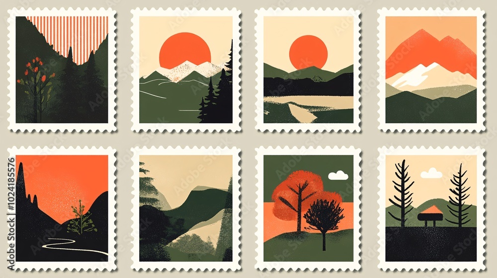 2410_039.mid-century inspired stamp designs, minimalist outdoor scenes, harmonious earth tone palette, geometric nature representations, iconic travel destinations, vintage graphic art style, serene 2410_039.mid-century inspired stamp designs, minimalist outdoor scenes, harmonious earth tone palette, geometric nature representations, iconic travel destinations, vintage graphic art style, serene