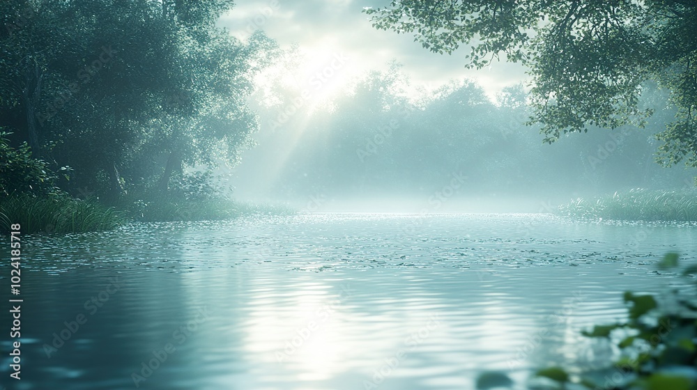 Serene River Landscape with Morning Mist and Sunlight Serene River Landscape with Morning Mist and Sunlight