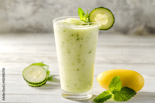 Refreshing cucumber mint and lemon smoothie served in a tall glass for a detoxifying drink photo