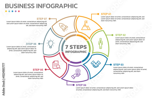 Visual data presentation. Cycle diagram with 7 options. Pie Chart Circle thin line infographic template with 7 steps, options, parts, segments. Business concept. Marketing infographic outline style.