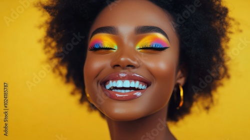 Close up portrait of laughing young African American woman with fashionable colorful make up isolated on yellow studio background