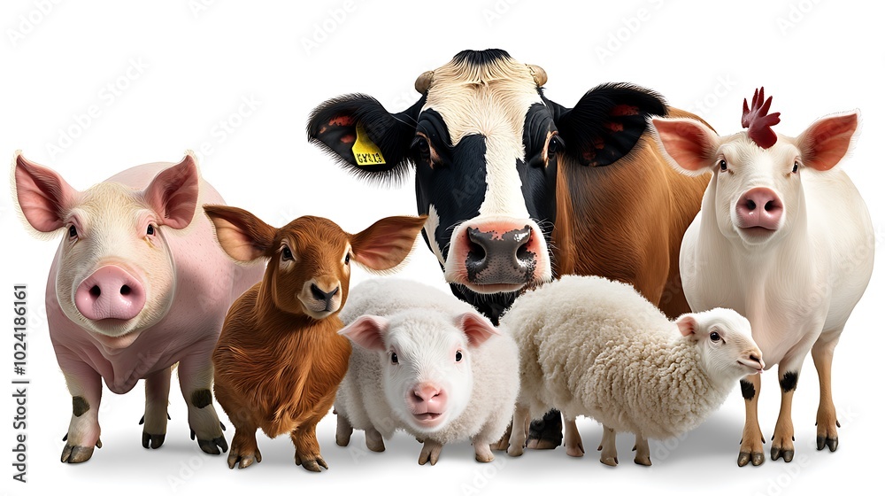 Farm Animals Cow Pig Sheep Goat Lamb White Background