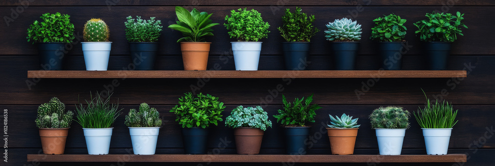 A collection of potted plants on wooden shelves against a dark wood background. A collection of potted plants on wooden shelves against a dark wood background.